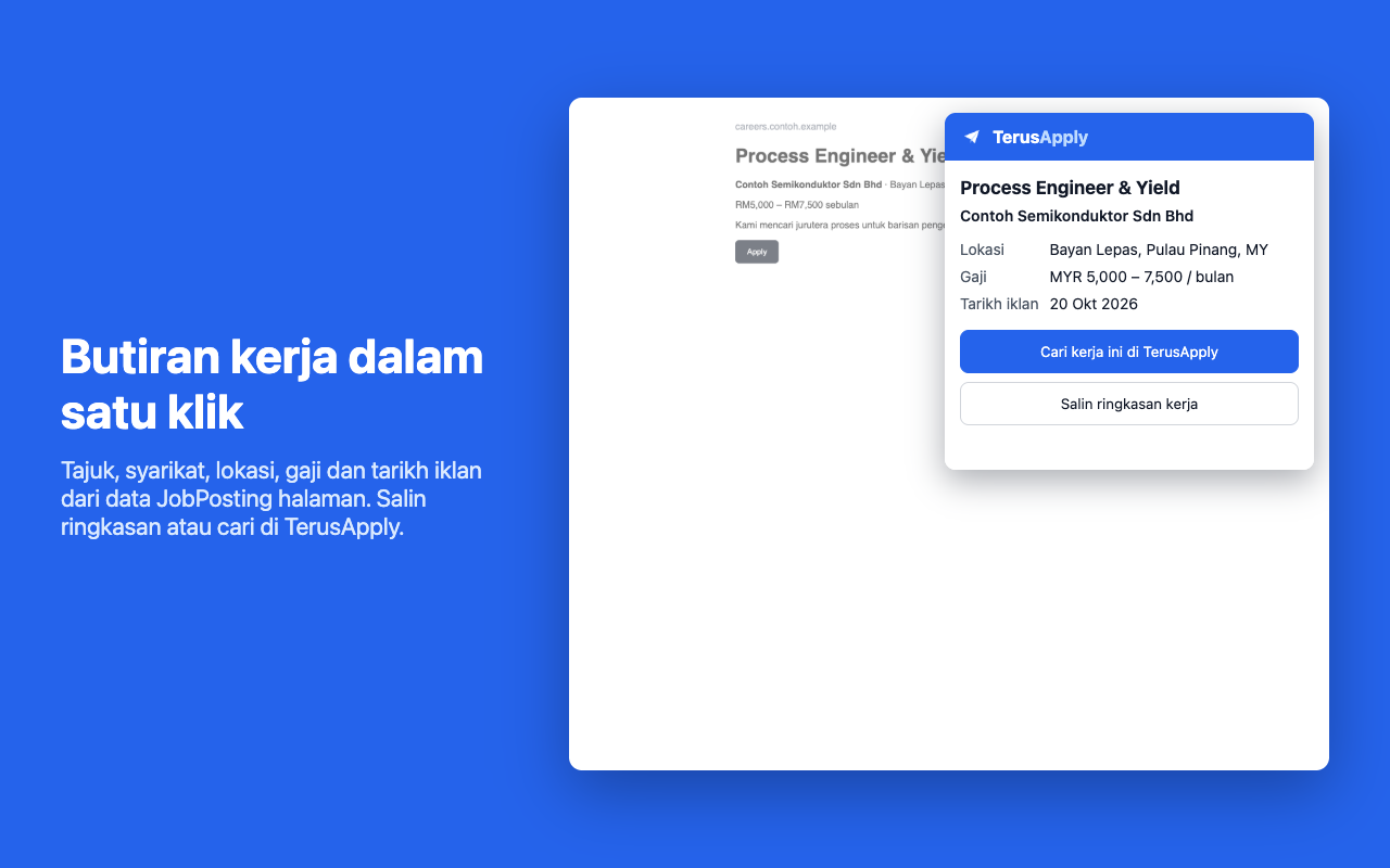 Popup TerusApply menunjukkan tajuk, syarikat, lokasi, gaji dan tarikh iklan kerja